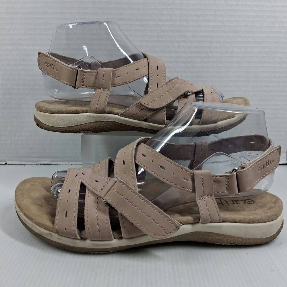 Earth Origins Womens 8M Pink Leather Strappy Comfort Sandals Hook Loop Strap